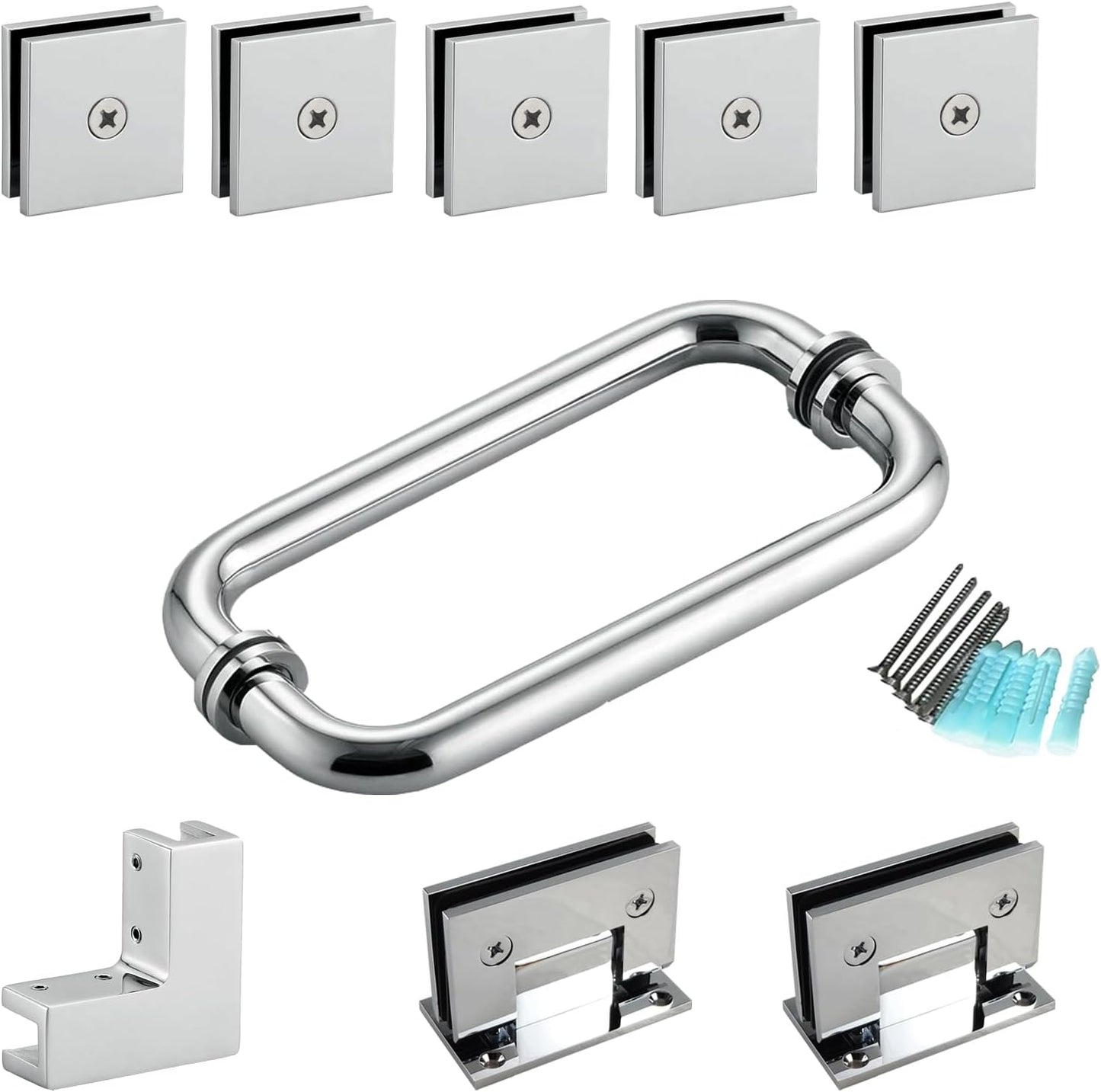 Shower Door Hardware Accessories for Frameless Swing Hinged Shower Doors, Including Shower Door Hinges and Handles,Shower Door Glass Clamps for 5/16”to 3/8”Thick Glass, Brushed Nickel