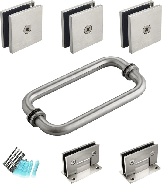 Shower Door Hardware Accessories for Frameless Swing Hinged Shower Doors, Including Shower Door Hinges and Handles,Shower Door Glass Clamps for 5/16”to 3/8”Thick Glass, Brushed Nickel