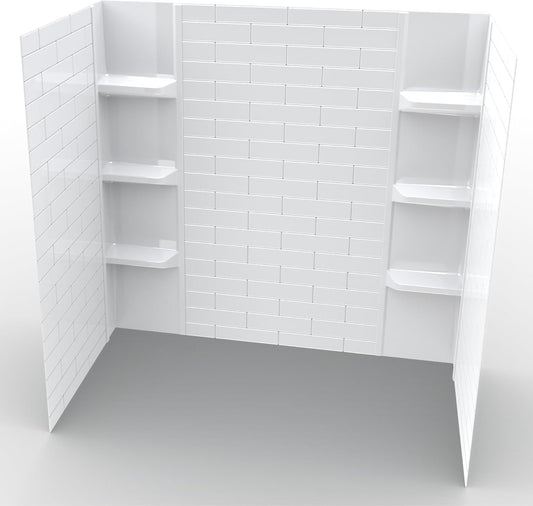 White Polystyrene Tub Wall Surround 36"x 60"x 58" - Waterproof, Easy-to-Install, Two Shelf Units Kit Included - Bathtub Wall Surround Panels - Subway Tiles Pattern, Classic Shelves