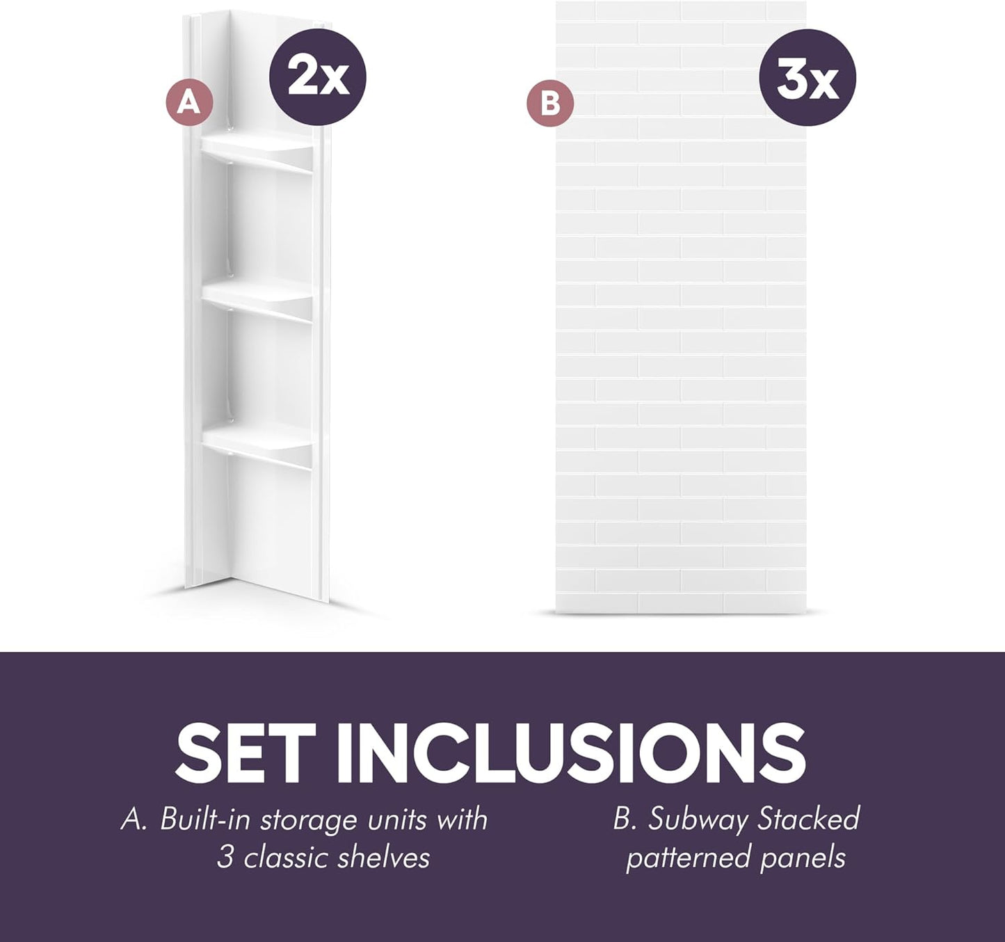 White Polystyrene Tub Wall Surround 36"x 60"x 58" - Waterproof, Easy-to-Install, Two Shelf Units Kit Included - Bathtub Wall Surround Panels - Subway Tiles Pattern, Classic Shelves