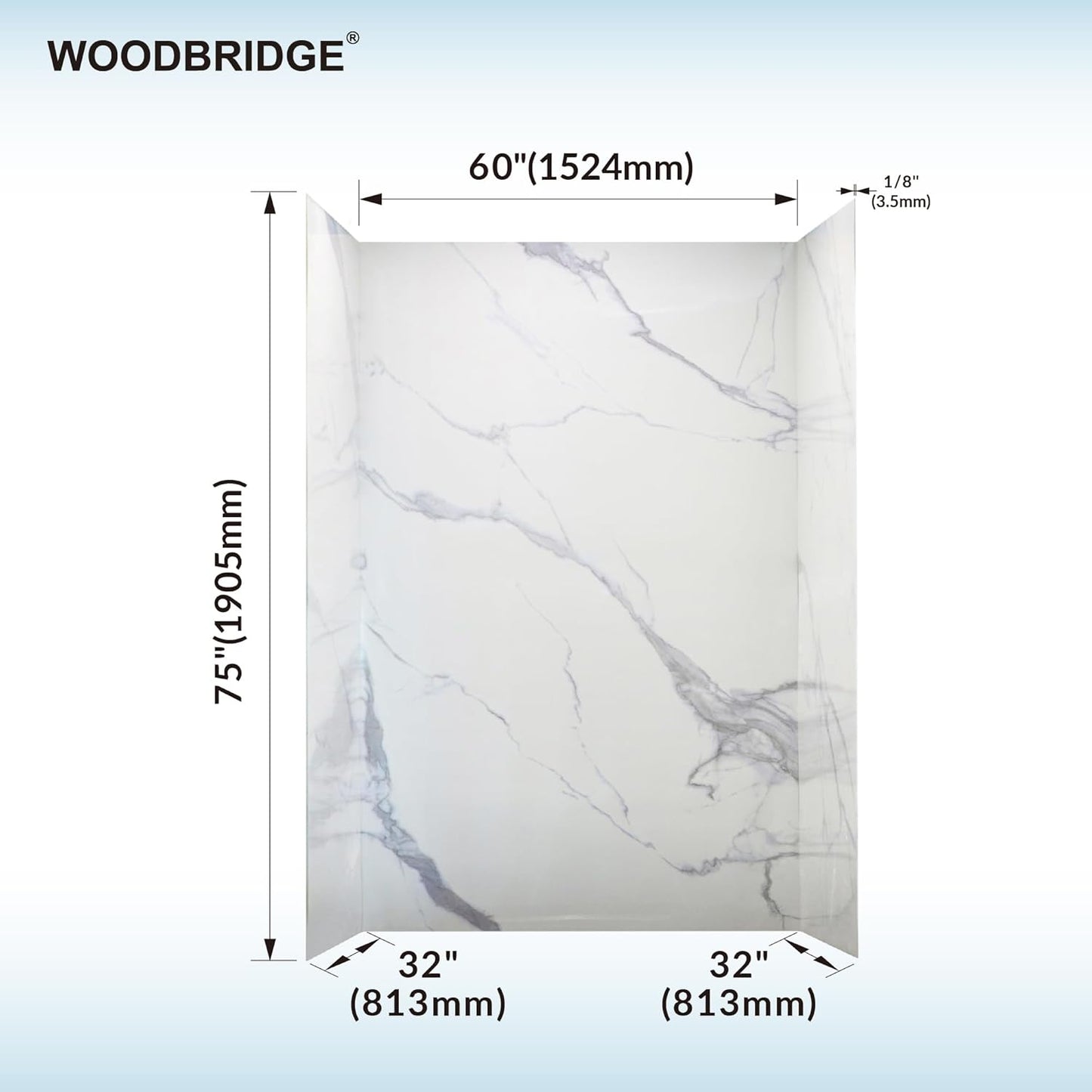 WOODBRIDGE 60" W x 96" H 3-Piece Solid Surface Tile Tub and Shower Wall Panel Surround Kit in Carrara White, 3.5 mm thick, Quick Install and Trimmable