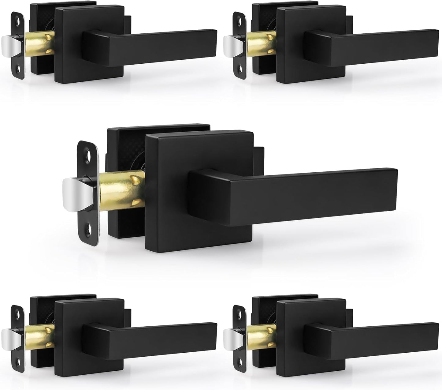 Estmoon 5 Pack Matte Black Door Handles Interior Door Knobs, Home Improvement Keyless Privacy Door Lock, Heavy Duty Zinc Alloy 2.07 lb Door Leverset for Bedrooms Bathrooms