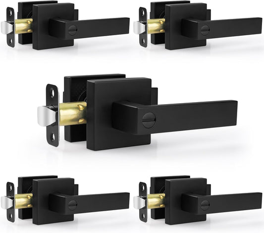 Estmoon 5 Pack Matte Black Door Handles Interior Door Knobs, Home Improvement Keyless Privacy Door Lock, Heavy Duty Zinc Alloy 2.07 lb Door Leverset for Bedrooms Bathrooms