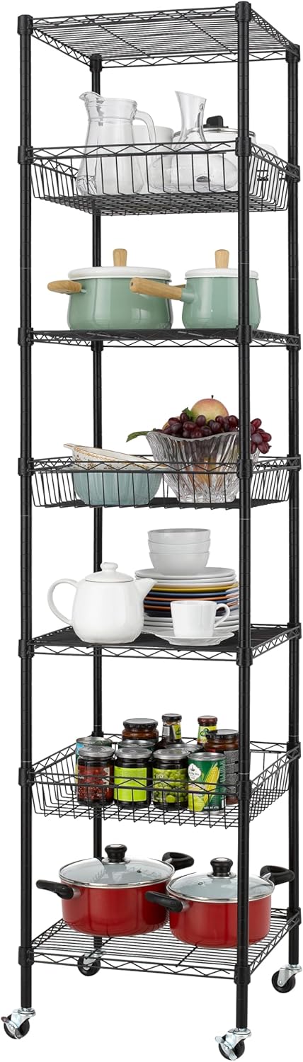 Finnhomy Heavy Duty 7 Tier Wire Shelving Unit with Wheels 18x18x78.8-inches 7 Shelves Metal Storage Rack Thicken Steel Tube, Adjustable Shelving Rack for Kitchen Bathroom Office, NSF Certified, Black