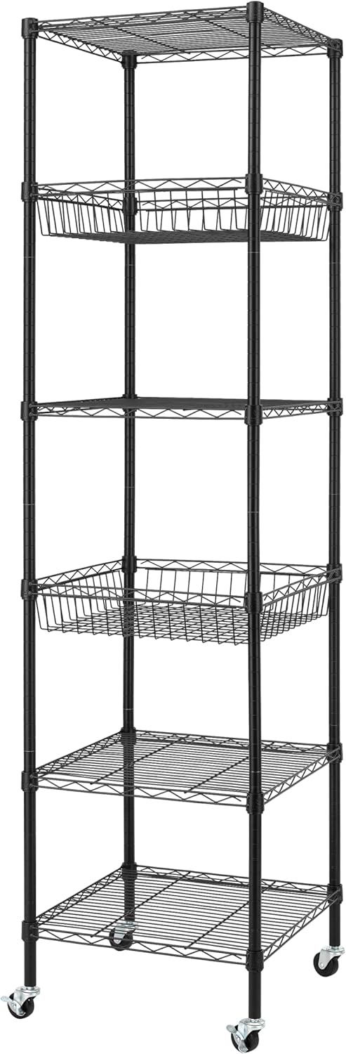Finnhomy Heavy Duty 7 Tier Wire Shelving Unit with Wheels 18x18x78.8-inches 7 Shelves Metal Storage Rack Thicken Steel Tube, Adjustable Shelving Rack for Kitchen Bathroom Office, NSF Certified, Black