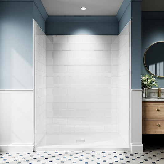 Shower Wall Panels, 32D x 60W x 78H, Solid Surface 4-Panel Shower Surround Kit, Waterproof, Glossy White Subway Tile Design