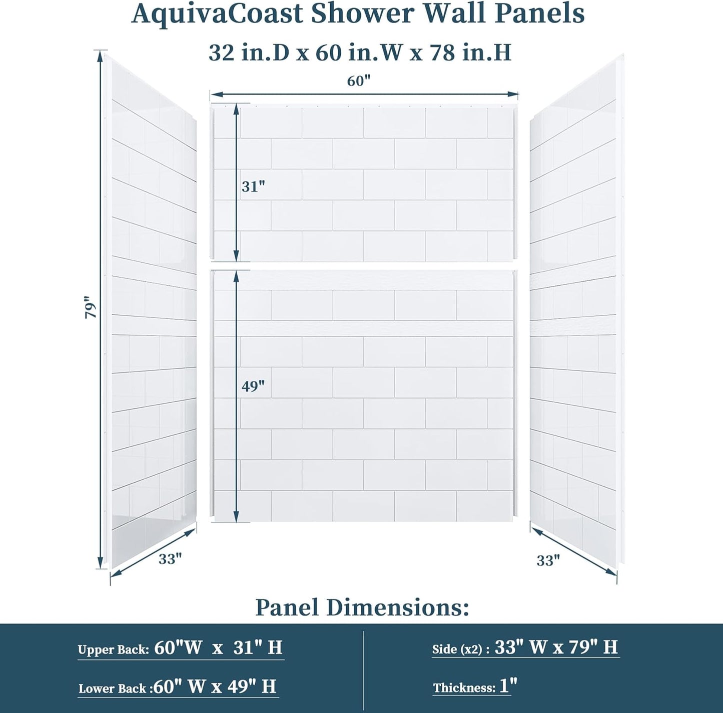 Shower Wall Panels, 32D x 60W x 78H, Solid Surface 4-Panel Shower Surround Kit, Waterproof, Glossy White Subway Tile Design