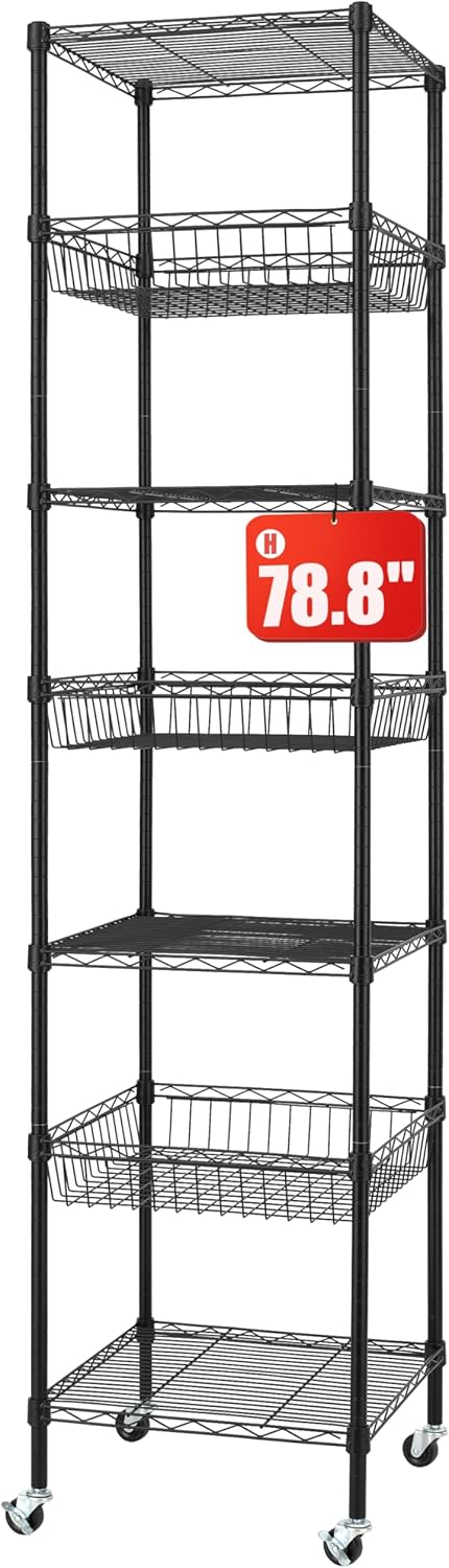 Finnhomy Heavy Duty 7 Tier Wire Shelving Unit with Wheels 18x18x78.8-inches 7 Shelves Metal Storage Rack Thicken Steel Tube, Adjustable Shelving Rack for Kitchen Bathroom Office, NSF Certified, Black