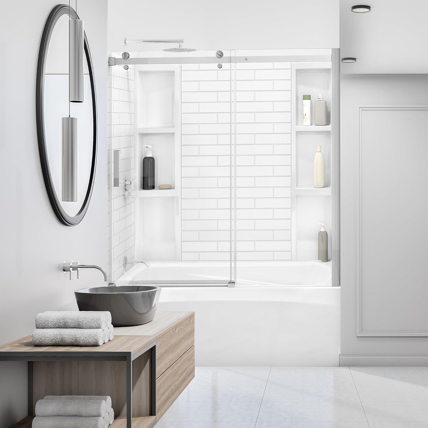 White Polystyrene Tub Wall Surround 36"x 60"x 58" - Waterproof, Easy-to-Install, Two Shelf Units Kit Included - Bathtub Wall Surround Panels - Subway Tiles Pattern, Classic Shelves