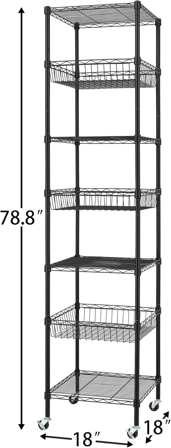 Finnhomy Heavy Duty 7 Tier Wire Shelving Unit with Wheels 18x18x78.8-inches 7 Shelves Metal Storage Rack Thicken Steel Tube, Adjustable Shelving Rack for Kitchen Bathroom Office, NSF Certified, Black