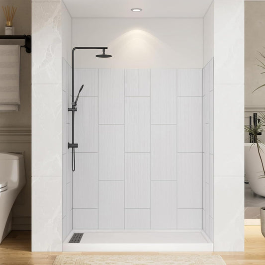 Solid Surface 36D x 60W*96H Tile-Tub and Shower Wall Panels S urround, Inch 1/8"(3mm) Thick, Shower Surround Wall Kit,Gloss White, SMC Material,Aluminum Edge Profiles,Quick Install, Cuttable