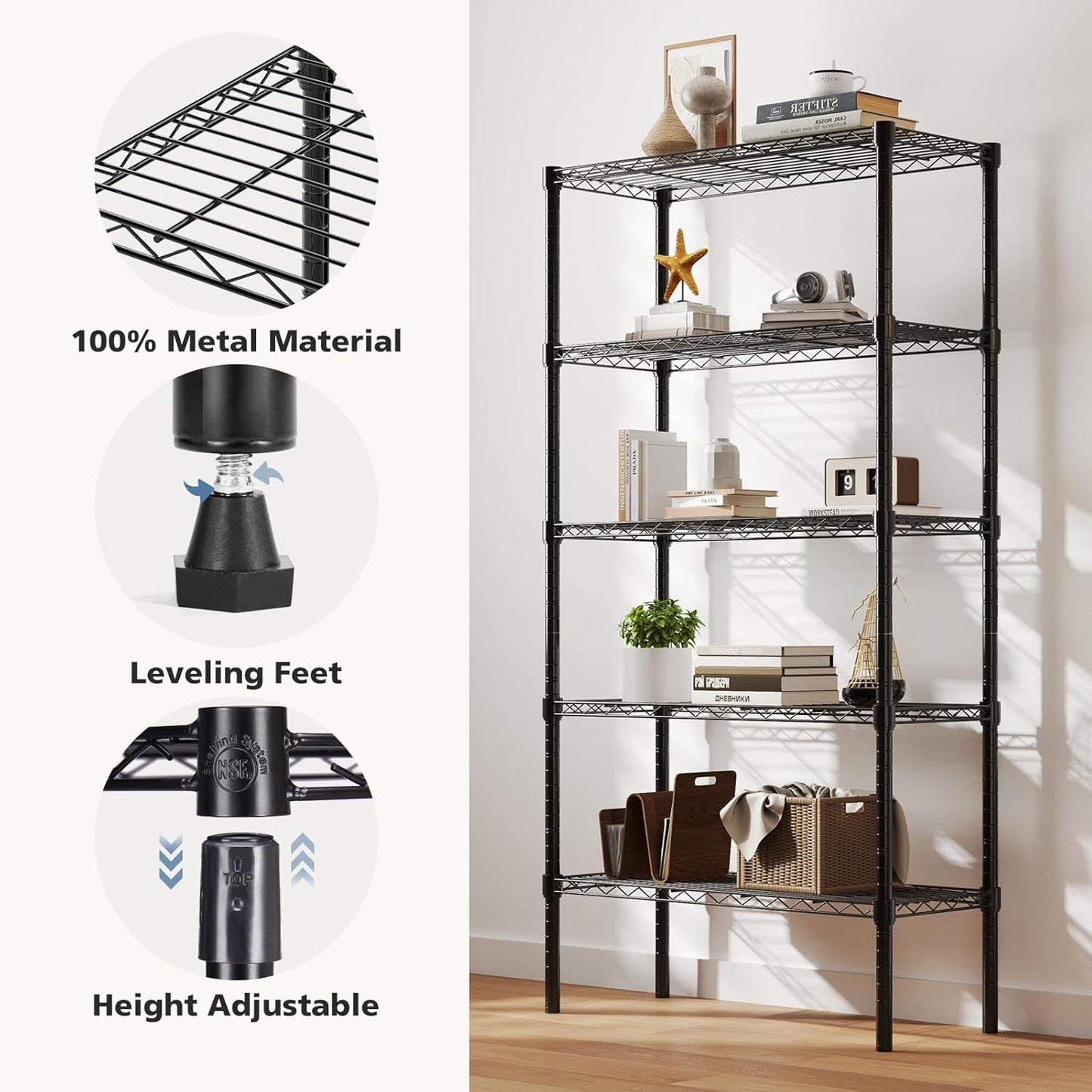 DUMOS 5 Tier Metal Wire Rack Shelf Heavy Duty Standing Shelves Adjustable Steel Closet Shelving Unit Organizers and Storage for Kitchen Bathroom Pantry Office, 13.78" D x 35.43" W x 69.29" H