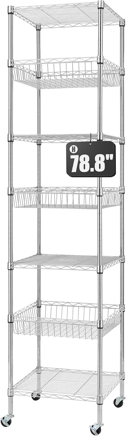 Finnhomy Heavy Duty 7 Tier Wire Shelving Unit with Wheels 18x18x78.8-inches 7 Shelves Metal Storage Rack Thicken Steel Tube, Adjustable Shelving Rack for Kitchen Bathroom Office, NSF Certified, Black
