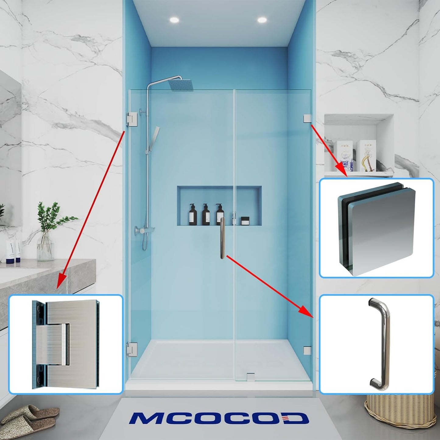 Shower Door Hardware Accessories for Frameless Swing Hinged Shower Doors, Including Shower Door Hinges and Handles,Shower Door Glass Clamps for 5/16”to 3/8”Thick Glass, Brushed Nickel