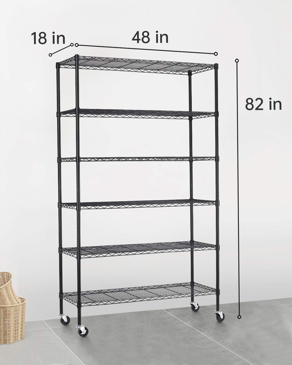 FDW Wire Shelving Unit with Wheels Steel 6 Tier Heavy Duty Layer Rack Storage Metal Shelf Garage Organizer Wire Rack Shelving Adjustable Utility 2100 LBS Capacity-18x48x82 inch (Black)