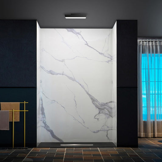 WOODBRIDGE 60" W x 96" H 3-Piece Solid Surface Tile Tub and Shower Wall Panel Surround Kit in Carrara White, 3.5 mm thick, Quick Install and Trimmable