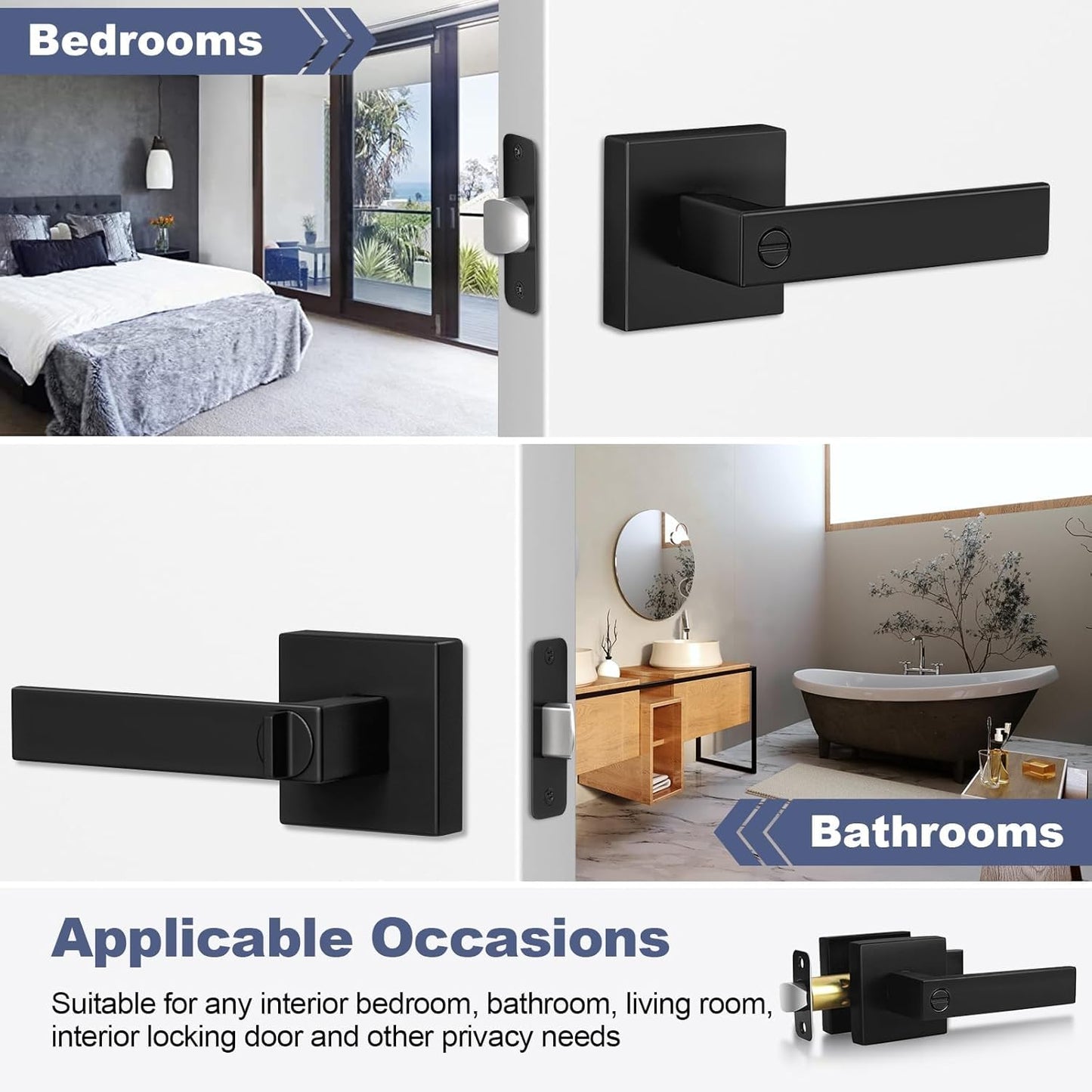 Estmoon 5 Pack Matte Black Door Handles Interior Door Knobs, Home Improvement Keyless Privacy Door Lock, Heavy Duty Zinc Alloy 2.07 lb Door Leverset for Bedrooms Bathrooms