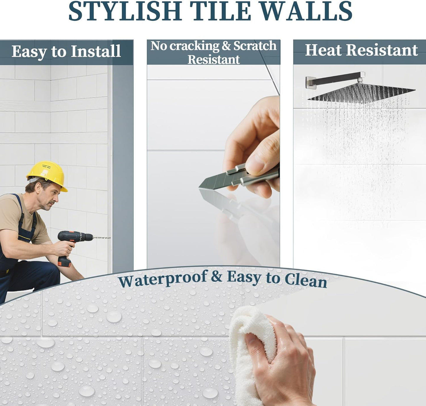 Shower Wall Panels, 32D x 60W x 78H, Solid Surface 4-Panel Shower Surround Kit, Waterproof, Glossy White Subway Tile Design