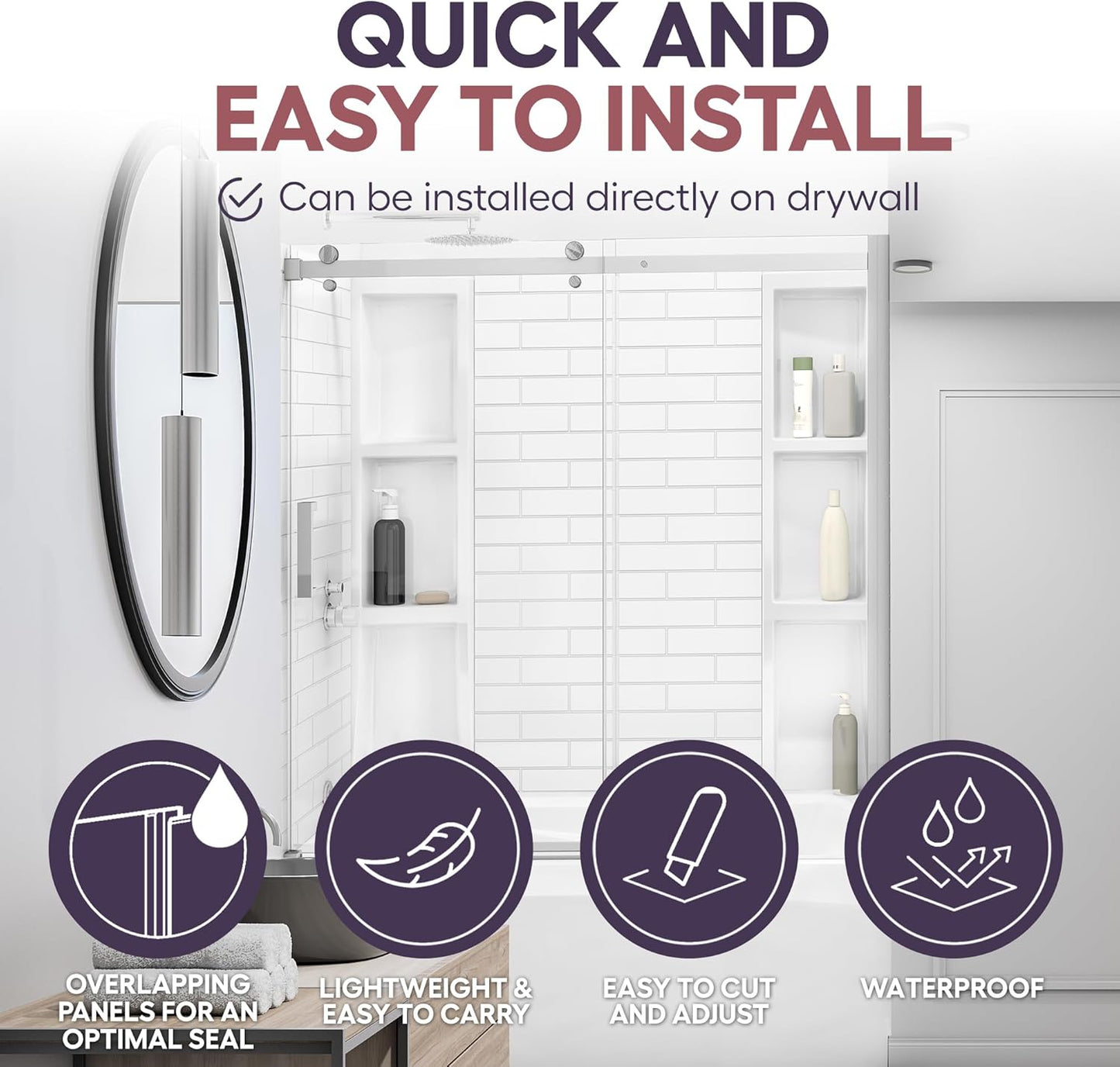 White Polystyrene Tub Wall Surround 36"x 60"x 58" - Waterproof, Easy-to-Install, Two Shelf Units Kit Included - Bathtub Wall Surround Panels - Subway Tiles Pattern, Classic Shelves