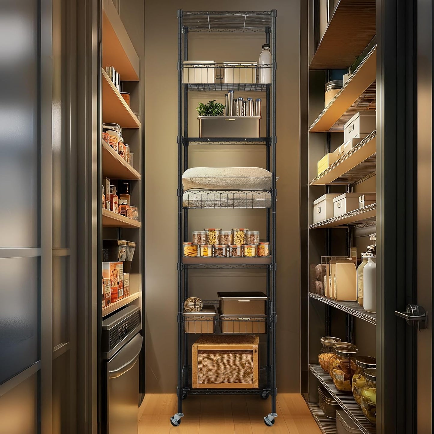 Finnhomy Heavy Duty 7 Tier Wire Shelving Unit with Wheels 18x18x78.8-inches 7 Shelves Metal Storage Rack Thicken Steel Tube, Adjustable Shelving Rack for Kitchen Bathroom Office, NSF Certified, Black