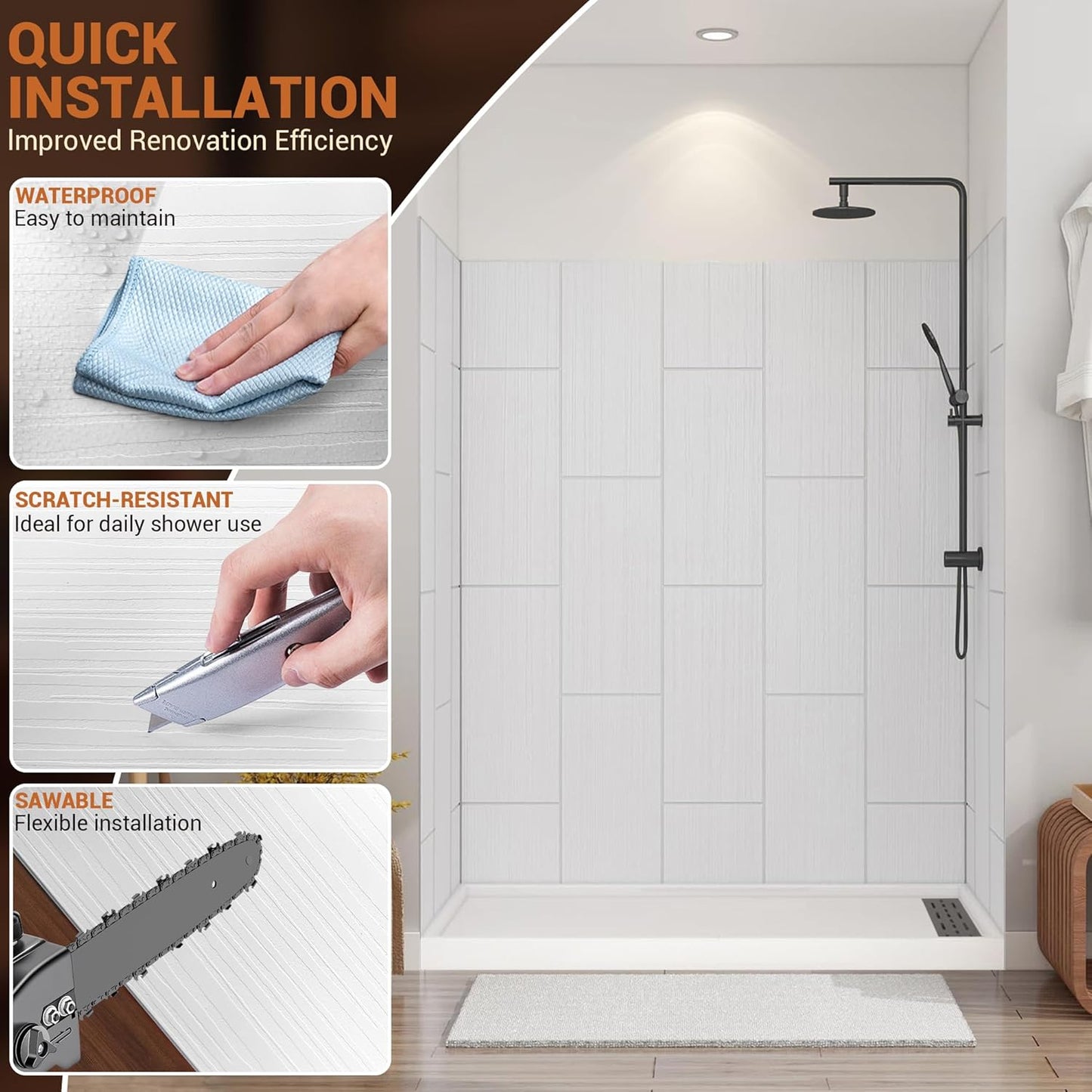 Solid Surface 36D x 60W*96H Tile-Tub and Shower Wall Panels S urround, Inch 1/8"(3mm) Thick, Shower Surround Wall Kit,Gloss White, SMC Material,Aluminum Edge Profiles,Quick Install, Cuttable