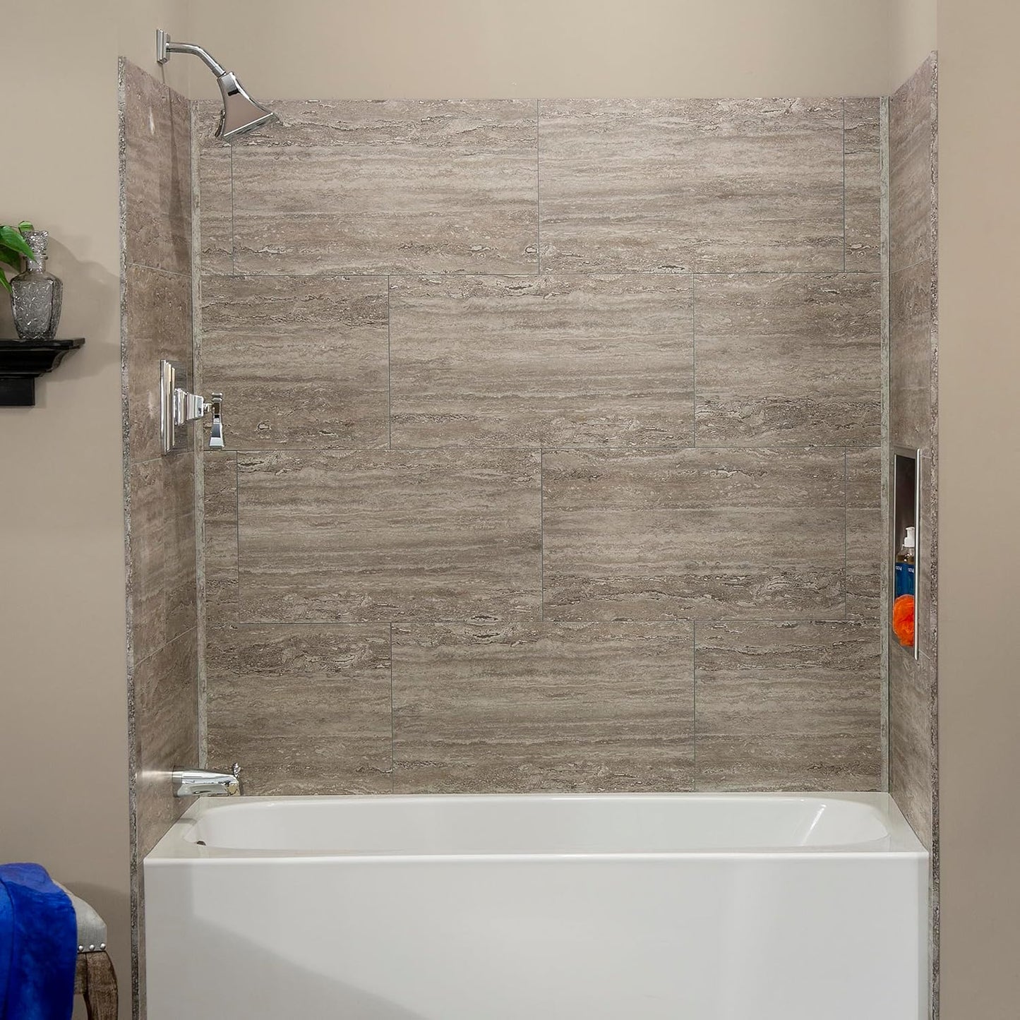 Palisade 25.6 in. x 14.8 in. Interlocking Vinyl Tile Shower and Tub Surround Kit in Grecian Earth