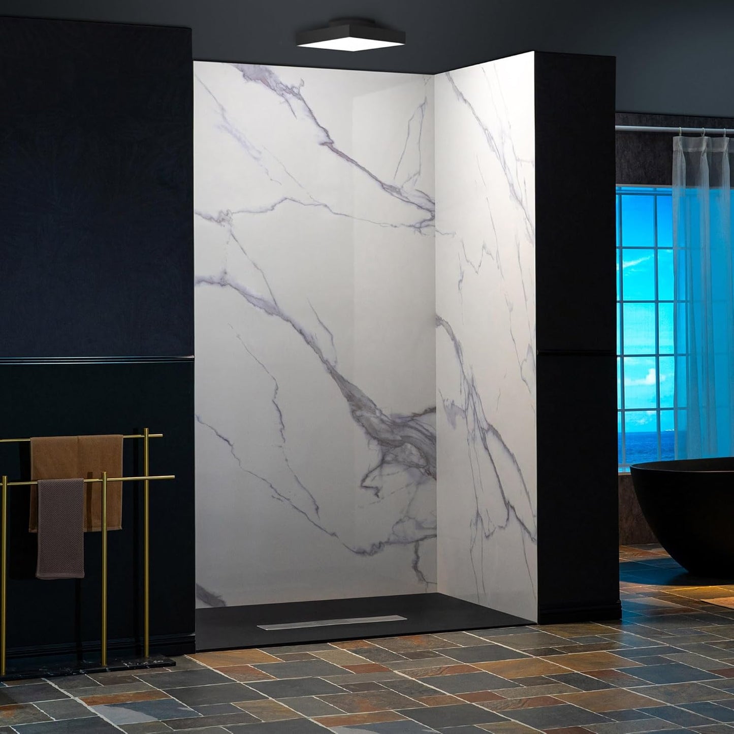 WOODBRIDGE 60" W x 96" H 3-Piece Solid Surface Tile Tub and Shower Wall Panel Surround Kit in Carrara White, 3.5 mm thick, Quick Install and Trimmable