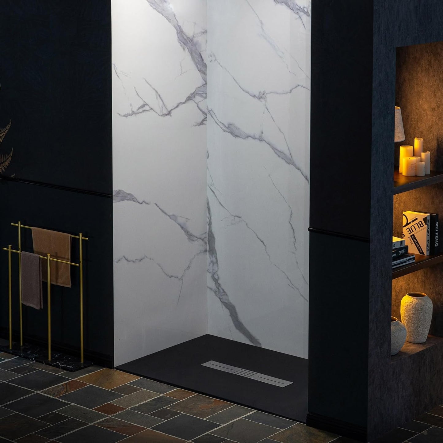 WOODBRIDGE 60" W x 96" H 3-Piece Solid Surface Tile Tub and Shower Wall Panel Surround Kit in Carrara White, 3.5 mm thick, Quick Install and Trimmable
