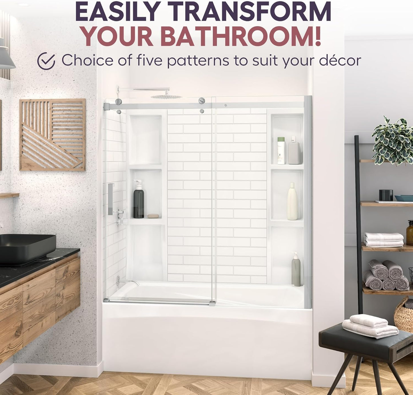 White Polystyrene Tub Wall Surround 36"x 60"x 58" - Waterproof, Easy-to-Install, Two Shelf Units Kit Included - Bathtub Wall Surround Panels - Subway Tiles Pattern, Classic Shelves