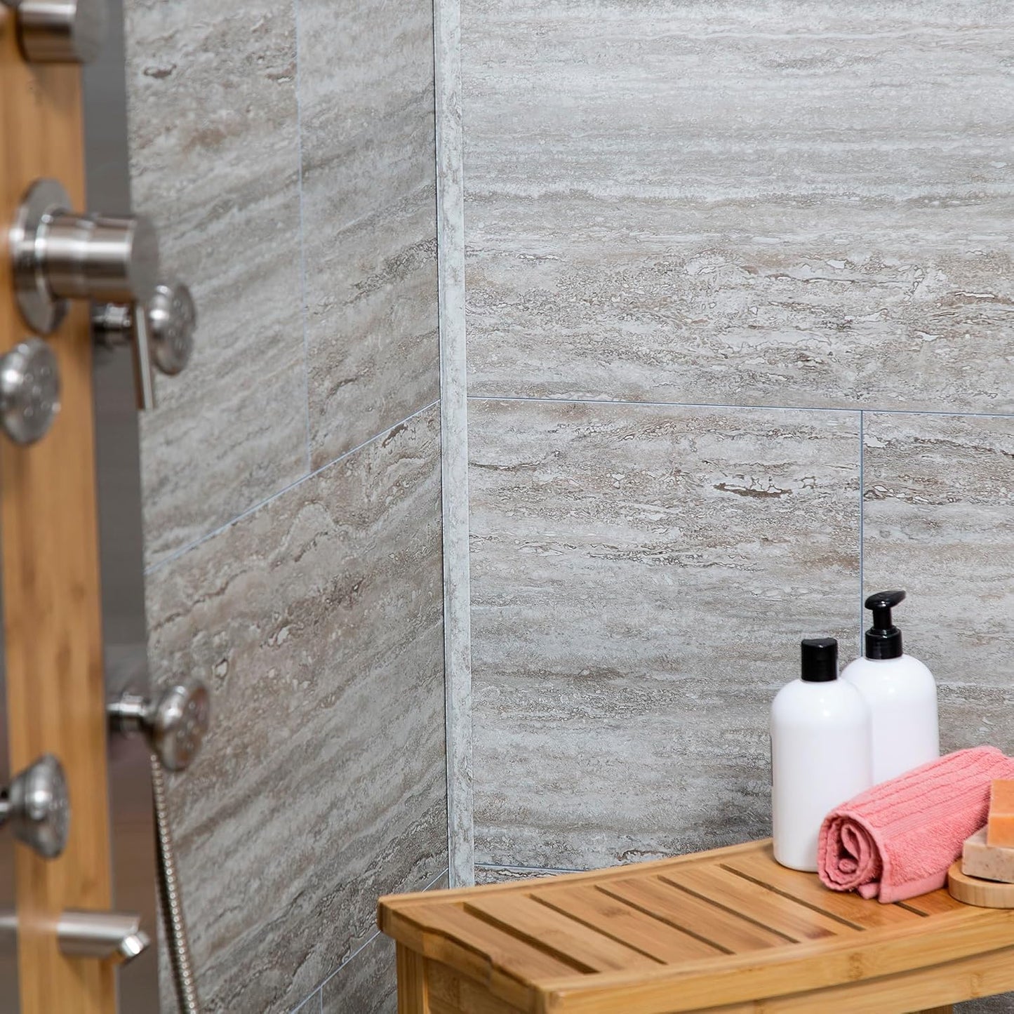 Palisade 25.6 in. x 14.8 in. Interlocking Vinyl Tile Shower and Tub Surround Kit in Grecian Earth