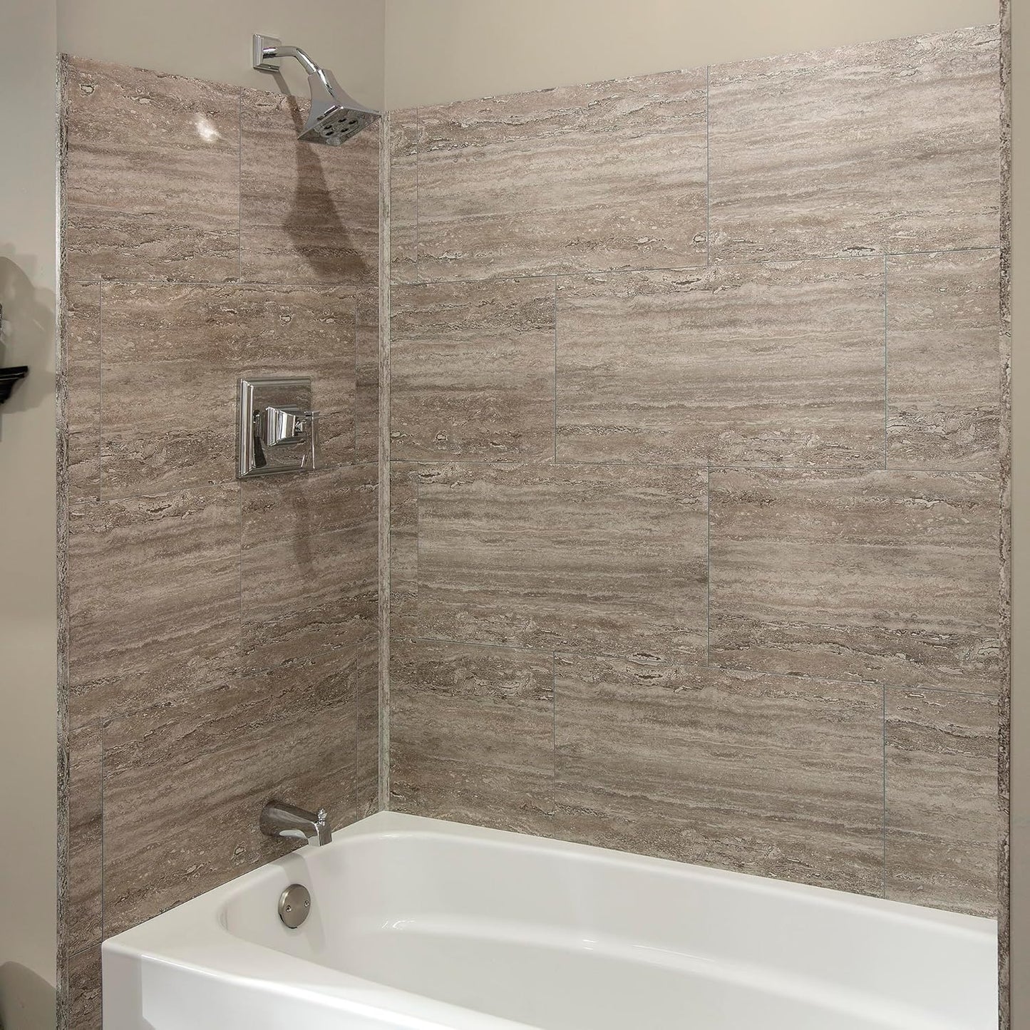 Palisade 25.6 in. x 14.8 in. Interlocking Vinyl Tile Shower and Tub Surround Kit in Grecian Earth