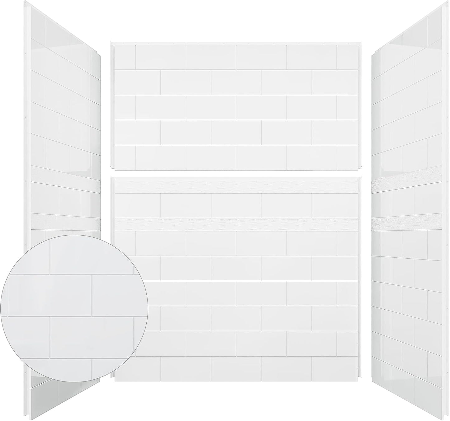 Shower Wall Panels, 32D x 60W x 78H, Solid Surface 4-Panel Shower Surround Kit, Waterproof, Glossy White Subway Tile Design