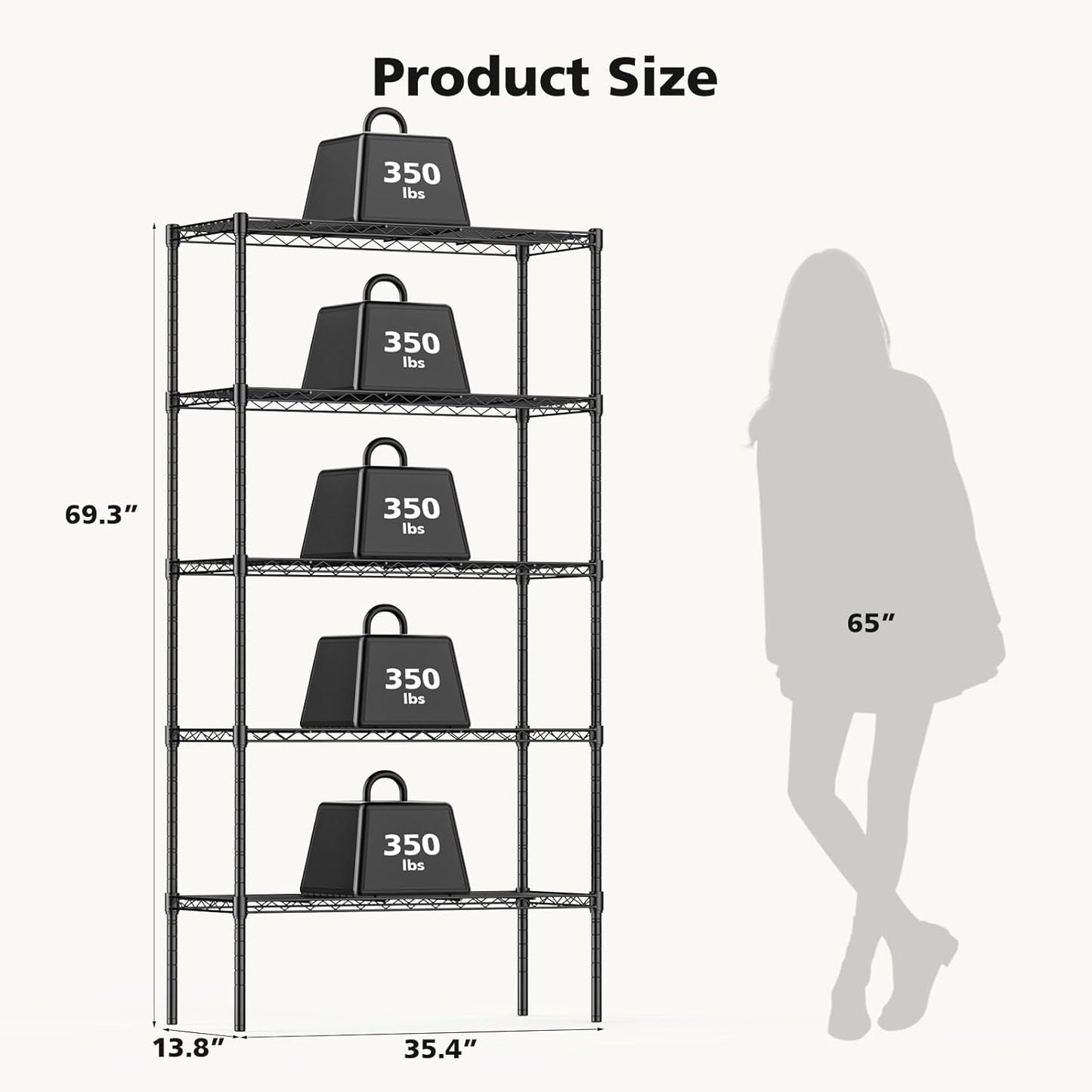 DUMOS 5 Tier Metal Wire Rack Shelf Heavy Duty Standing Shelves Adjustable Steel Closet Shelving Unit Organizers and Storage for Kitchen Bathroom Pantry Office, 13.78" D x 35.43" W x 69.29" H