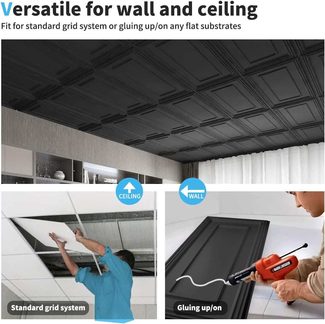 Art3d Drop Ceiling Tiles, 24x48in. Black (24-Pack)