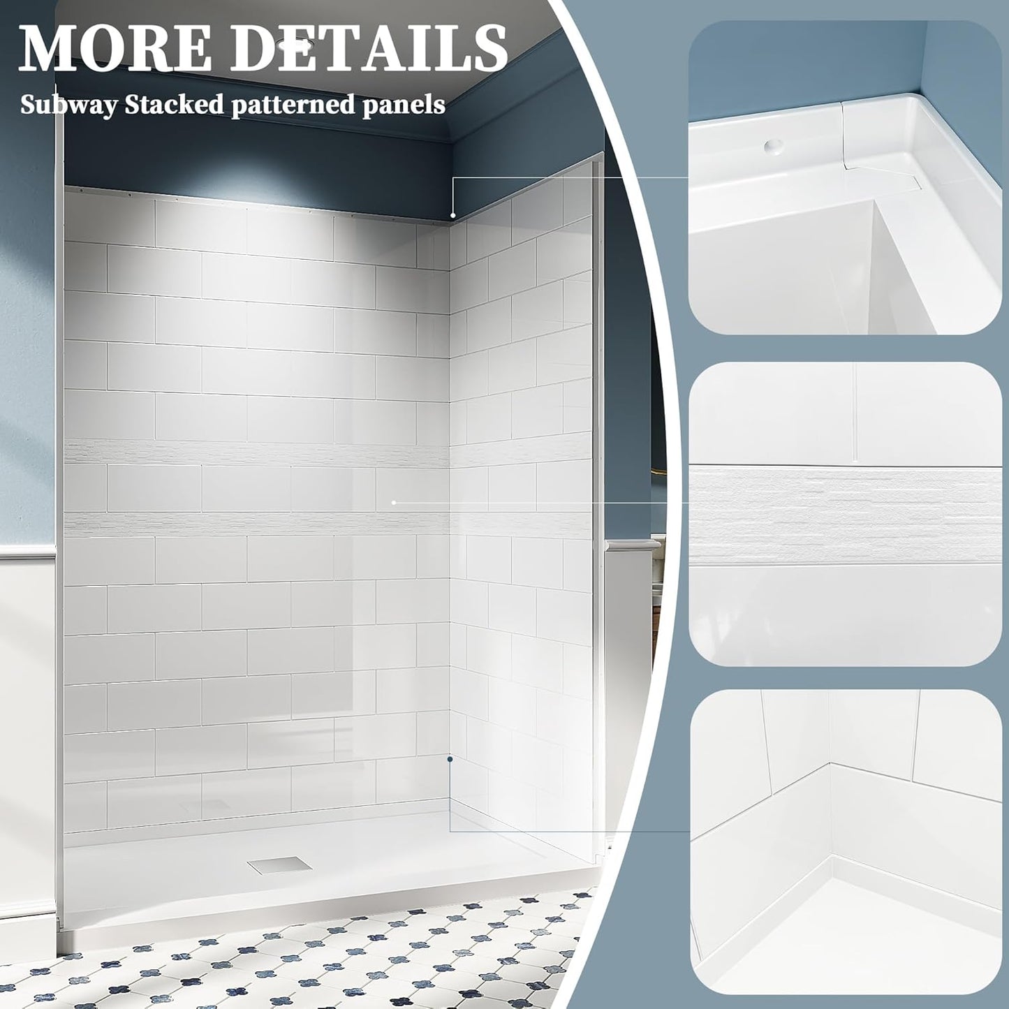 Shower Wall Panels, 32D x 60W x 78H, Solid Surface 4-Panel Shower Surround Kit, Waterproof, Glossy White Subway Tile Design