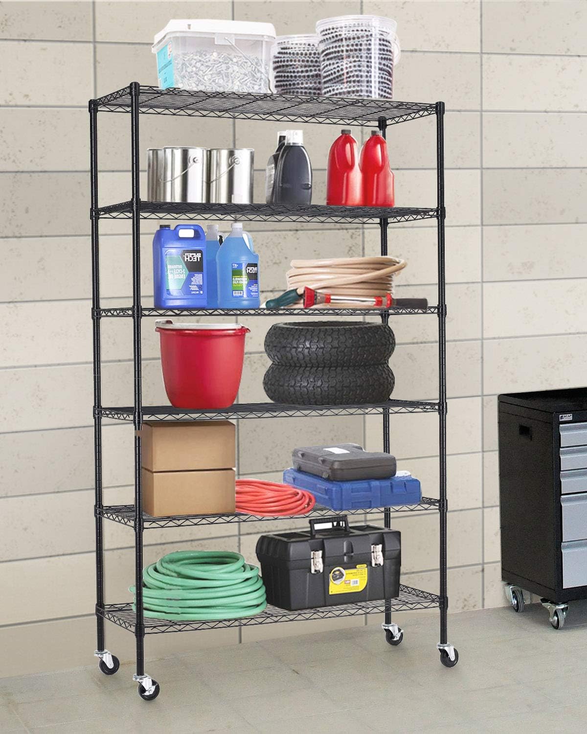 FDW Wire Shelving Unit with Wheels Steel 6 Tier Heavy Duty Layer Rack Storage Metal Shelf Garage Organizer Wire Rack Shelving Adjustable Utility 2100 LBS Capacity-18x48x82 inch (Black)