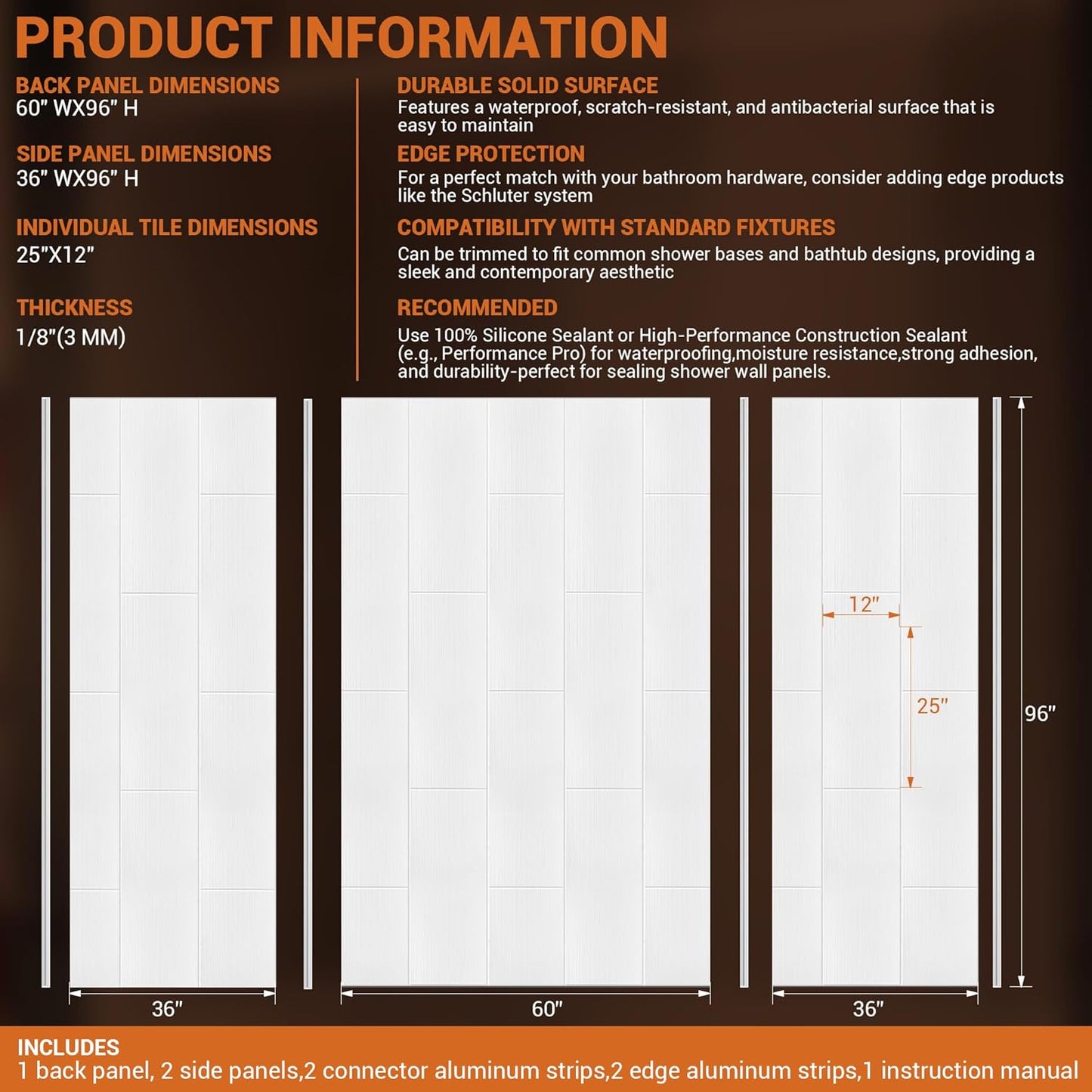 Solid Surface 36D x 60W*96H Tile-Tub and Shower Wall Panels S urround, Inch 1/8"(3mm) Thick, Shower Surround Wall Kit,Gloss White, SMC Material,Aluminum Edge Profiles,Quick Install, Cuttable