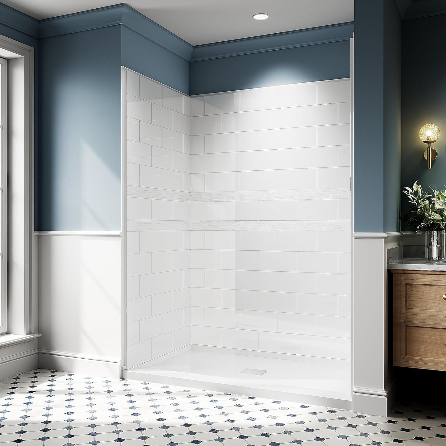 Shower Wall Panels, 32D x 60W x 78H, Solid Surface 4-Panel Shower Surround Kit, Waterproof, Glossy White Subway Tile Design