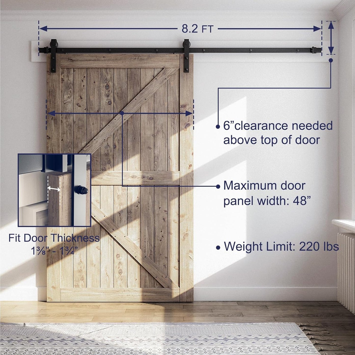 SMARTSTANDARD 8.2 FT Barn Door Hardware Kit -Sliding Barn Door Track - Smooth and Quiet - Easy to Install - Includes Step-by-Step Installation Instructions - Fits 48" Wide Door Panel (J Shape Hanger)